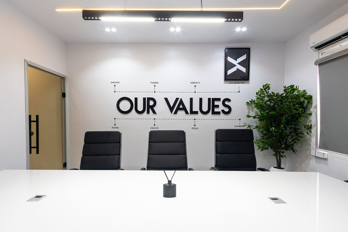The values wall at the head of the main meeting room